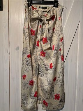 Zara Floral Tie-Waist Satin  Skirt - Cream & Red